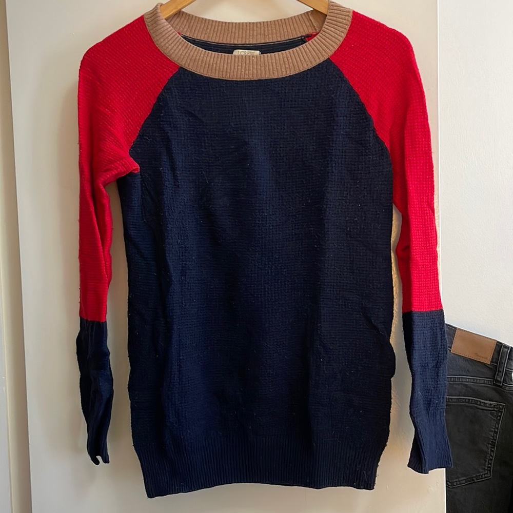 J Crew colorblock navy, red, and camel sweater, S